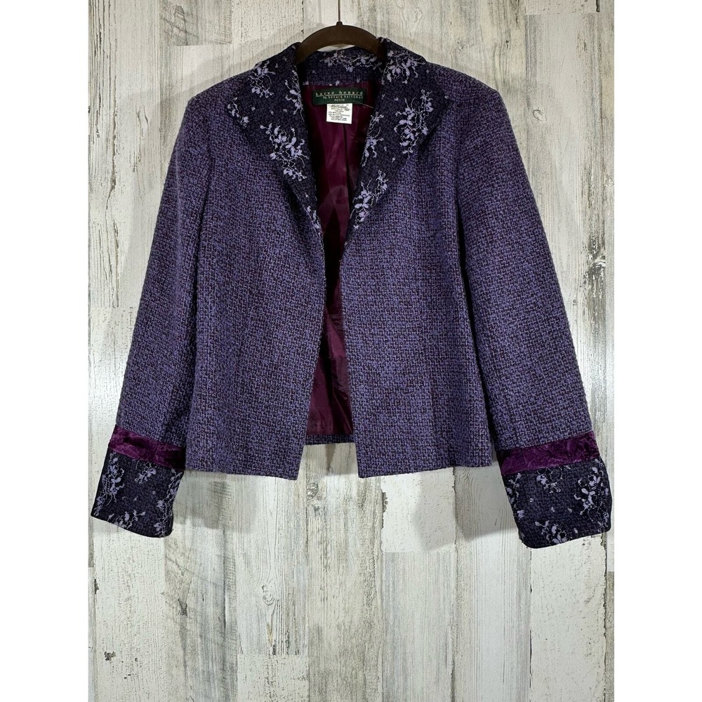 Harve Benard Blazer Purple Wool Blend Tweed Floral Lace Trim Jacket READ